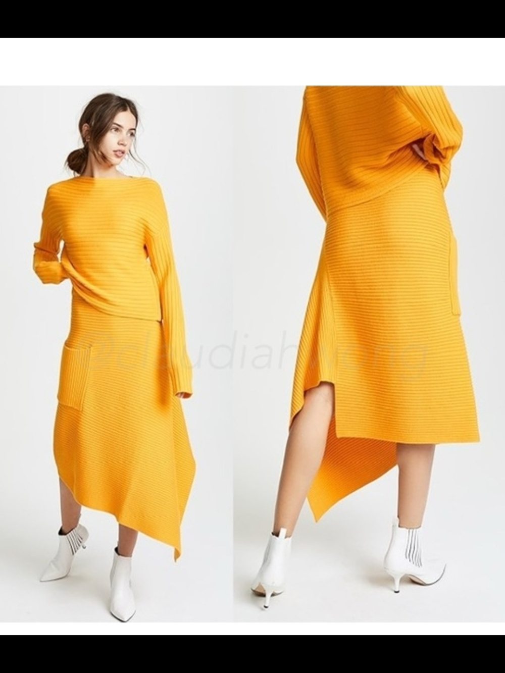 Tibi Merino Wool Rib Origami Skirt Mandarin Orange